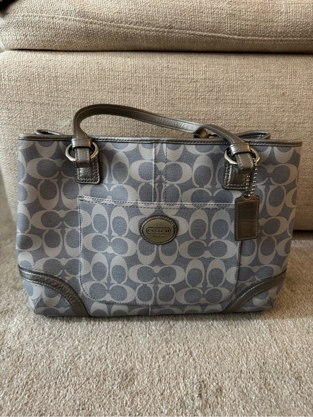 Coach Gray Signature Canvas Tote with Silver Trim